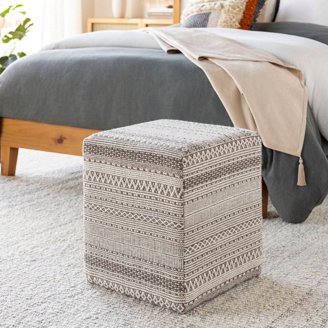 Tiwari Home 18" Brown and Ivory Tribal Patterned Wool Pouf Ottoman
